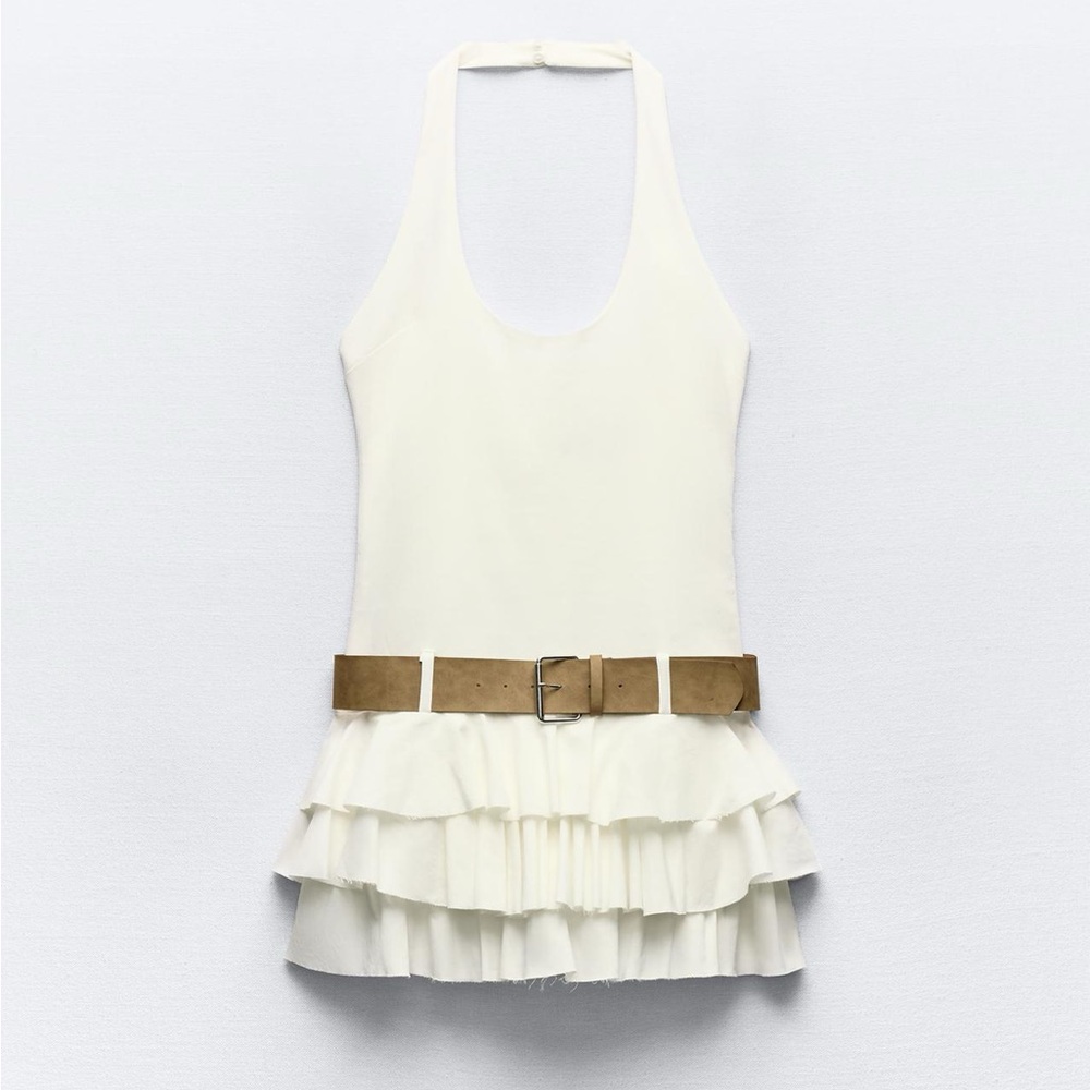 Zara BELTED RUFFLED DRESS with brown belt - Picture 7 of 15